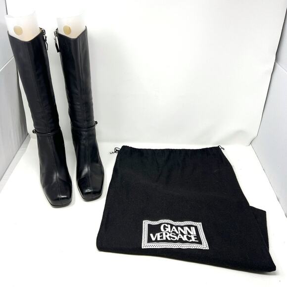 Versace Black Leather Knee High Boots 39.5 Square Toe Block Heel Italy - Picture 9 of 10